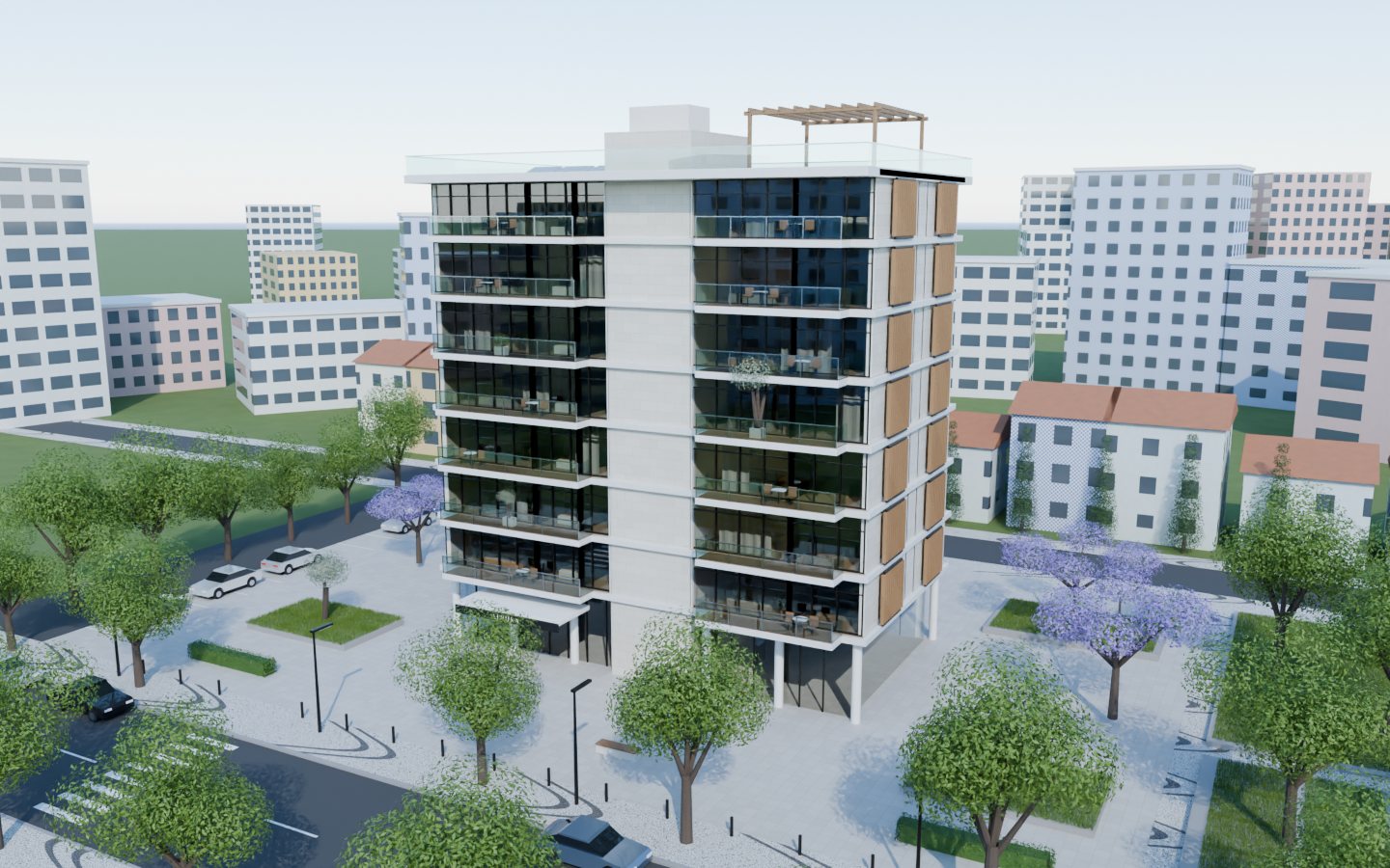 Alvura Residences vista de sudeste, com a praça e os jacarandás em primeiro plano